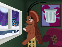 Size: 2869x2217 | Tagged: safe, artist:badumsquish, derpibooru exclusive, oc, oc only, oc:poubelle, bug pony, cockroach, insect, monster pony, original species, pony, antennae, apartment, city, cityscape, cockroach pony, coffee, coffee mug, context in description, couch, folded wings, full moon, high res, lidded eyes, meme, moon, mug, multiple legs, multiple limbs, picture, picture frame, pillow, ponified, ponified meme, relaxed, show accurate, sitting, six legs, sky, smiling, snow, snowfall, solo, stool, trash can, window, wings