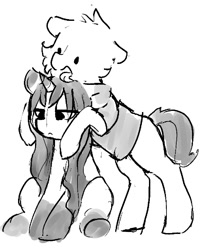 Size: 938x1152 | Tagged: safe, artist:dimfann, oc, oc:dim, oc:sylvine, pony, unicorn, black and white, dot eyes, floppy ears, grayscale, licking, monochrome, sitting, sketch, tongue out
