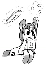 Size: 909x1298 | Tagged: safe, artist:dimfann, oc, oc only, oc:sylvine, pony, unicorn, bag, egg, egg carton, grayscale, magic, monochrome, mouth hold, solo, telekinesis