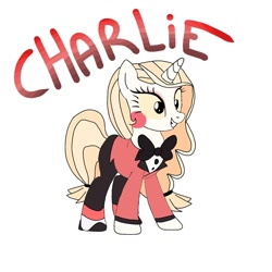 Size: 1080x1080 | Tagged: safe, artist:lorelaifanart, demon, demon pony, pony, unicorn, base used, bowtie, charlie morningstar, clothes, eyelashes, female, grin, hazbin hotel, hellaverse, hellborn, mare, ponified, princess, princess of hell, simple background, smiling, solo, that's entertainment, white background