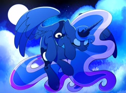 Size: 2912x2160 | Tagged: safe, artist:wutanimations, princess luna, alicorn, pony, g4, cloud, eyes closed, female, flying, full moon, high res, mare, moon, night, sky, solo, spread wings, stars, wings