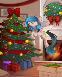 Size: 2584x3210 | Tagged: safe, artist:sugarstar, oc, oc only, oc:laymy lime, bat pony, pony, bat pony oc, bat wings, box, christmas, christmas stocking, christmas tree, detailed background, eyes closed, female, fireplace, flying, gift wrapped, grin, high res, holiday, kitchen, mare, present, smiling, solo, spread wings, tree, wings, wreath