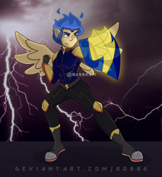 Size: 1617x1766 | Tagged: safe, artist:ro994, flash sentry, equestria girls, g4, fantasy class, fire hair, fist, flash the lightning-bearer, lightning, male, ponied up, pony ears, shield, solo, super ponied up, warrior, wings