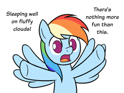 Size: 1600x1200 | Tagged: safe, artist:sazanamibd, rainbow dash, pegasus, pony, g4, dialogue, doraemon, hooves up, no pupils, open mouth, parody, simple background, solo, spread wings, talking to viewer, that pony sure does love clouds, white background, wings
