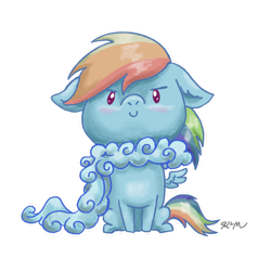 Size: 1280x1280 | Tagged: safe, alternate version, artist:catscratchpaper, part of a set, rainbow dash, pegasus, pony, g4, >:), beady eyes, blushing, chibi, clothes, cloud, cute, dashabetes, floppy ears, looking at you, scarf, simple background, sitting, solo, transparent background