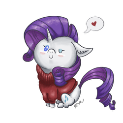 Size: 1280x1280 | Tagged: safe, artist:catscratchpaper, part of a set, rarity, pony, unicorn, g4, beady eyes, blushing, chibi, clothes, cute, floppy ears, heart, one eye closed, raribetes, simple background, sitting, solo, sweater, transparent background, wink