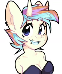 Size: 1080x1304 | Tagged: safe, artist:zymaani, oc, oc only, unicorn, anthro, bust, clothes, ear piercing, earring, eyelashes, female, grin, horn, jewelry, piercing, simple background, smiling, solo, unicorn oc, white background