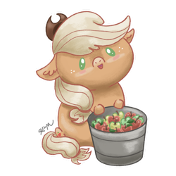 Size: 1280x1280 | Tagged: safe, artist:catscratchpaper, part of a set, applejack, earth pony, pony, g4, apple, beady eyes, bucket, chibi, cute, floppy ears, food, jackabetes, simple background, sitting, solo, transparent background
