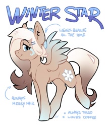 Size: 1080x1225 | Tagged: safe, artist:zymaani, oc, oc only, oc:winter star, pegasus, pony, beanie, chest fluff, ear piercing, earring, female, hat, jewelry, mare, pegasus oc, piercing, reference sheet, simple background, smiling, solo, white background, wings