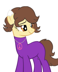 Size: 1570x1964 | Tagged: safe, artist:maldonisthelynx, oc, oc only, oc:aspen, earth pony, pony, base used, bodysuit, calm, catsuit, chill, clothes, hippie, jewelry, necklace, peace suit, peace symbol, rubber suit, smiling, solo