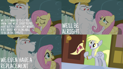 Size: 1986x1117 | Tagged: safe, edit, edited screencap, editor:quoterific, screencap, bulk biceps, derpy hooves, fluttershy, pegasus, pony, g4, rainbow falls, season 4, derp, eyes closed, female, hospital, male, mare, open mouth, ponyville flag, stallion, trio