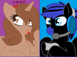 Size: 1432x1072 | Tagged: safe, artist:juliet-gwolf18, oc, oc only, oc:blue moon, alicorn, pegasus, pony, alicorn oc, bust, duo, eyelashes, female, headset, horn, male, mare, open mouth, pegasus oc, smiling, stallion, underhoof, wings