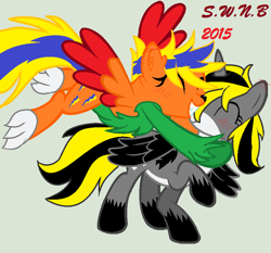 Size: 948x884 | Tagged: safe, artist:juliet-gwolf18, oc, oc only, oc:blue bolt, oc:juliet, alicorn, pony, wolf, wolf pony, 2015, alicorn oc, base used, duo, eyelashes, female, flying, gray background, grin, hoof shoes, horn, hug, looking back, mare, raised hoof, simple background, smiling, two toned wings, unshorn fetlocks, wings