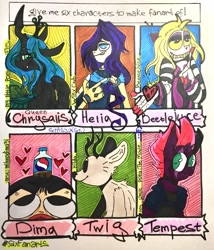 Size: 1641x1920 | Tagged: safe, artist:stasyaandmielems, queen chrysalis, tempest shadow, changeling, changeling queen, deer, fox, human, hybrid, g4, antlers, armor, beetlejuice, broken horn, bust, clothes, crossover, eye scar, eyelashes, female, fingerless gloves, gloves, grin, heart, hilda (netflix), horn, licking, licking lips, male, pepsi, raised hoof, scar, shhh, six fanarts, smiling, soda, tongue out, traditional art, winx club