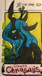 Size: 1060x1920 | Tagged: safe, alternate version, artist:stasyaandmielems, queen chrysalis, changeling, changeling queen, g4, bust, eyelashes, female, raised hoof, smiling, solo, traditional art