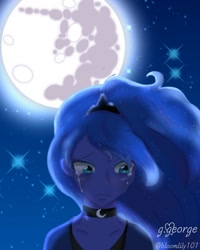 Size: 1080x1350 | Tagged: safe, alternate version, artist:mildred.george, princess luna, human, equestria girls, g4, bust, choker, chokerluna, clothes, crying, female, jewelry, mare in the moon, moon, night, outdoors, signature, solo, stars, tiara