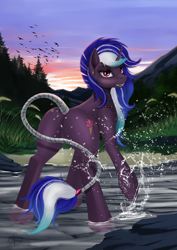 Size: 1024x1449 | Tagged: safe, artist:dezdark, oc, oc only, oc:lilac trinket, bird, pony, unicorn, commission, curved horn, fir tree, grass, horn, looking at you, looking back, mountain, nature, solo, splashing, standing in water, tail wrap, tree