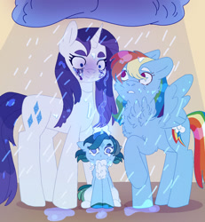 Size: 1280x1386 | Tagged: safe, artist:teafrown, rainbow dash, rarity, oc, oc:turquoise, pegasus, pony, unicorn, g4, chest fluff, cloud, crying, family, female, filly, lesbian, magic, magical lesbian spawn, makeup, mare, mascarity, offspring, parent:rainbow dash, parent:rarity, parents:raridash, rain, raincloud, running makeup, ship:raridash, shipping