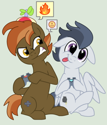 Size: 1860x2172 | Tagged: safe, artist:jadeharmony, artist:syrikatsyriskater, button mash, rumble, earth pony, pegasus, pony, g4, :p, angry, annoyed, base used, controller, cute, duo, fire, floppy ears, gaming, gray background, gritted teeth, hat, head tilt, male, older, older button mash, older rumble, pictogram, propeller hat, raised hoof, raised leg, rumblebetes, simple background, sitting, smiling, stallion, tongue out