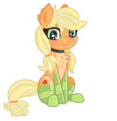 Size: 1605x1664 | Tagged: safe, alternate version, artist:coffeeponee, applejack, earth pony, pony, g4, blushing, chest fluff, clothes, collar, cute, ear fluff, female, fluffy, mare, pale belly, simple background, sitting, socks, solo, thigh highs, white background