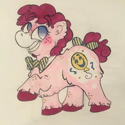 Size: 1080x1080 | Tagged: safe, artist:artfuldodger2397, pinkie pie, earth pony, pony, g4, bow, bowtie, eyelashes, female, freckles, mare, raised hoof, redesign, solo, tail bow, traditional art, unshorn fetlocks