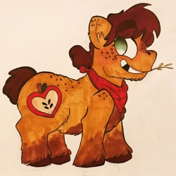 Size: 1080x1080 | Tagged: safe, artist:artfuldodger2397, applejack, earth pony, pony, g4, female, freckles, grin, mare, neckerchief, redesign, smiling, solo, straw in mouth, traditional art, unshorn fetlocks
