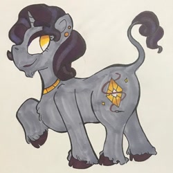 Size: 1080x1080 | Tagged: safe, artist:artfuldodger2397, rarity, pony, unicorn, g4, ear piercing, female, jewelry, leonine tail, mare, necklace, piercing, raised hoof, redesign, smiling, solo, traditional art, unshorn fetlocks