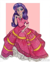 Size: 1080x1325 | Tagged: safe, artist:emilyburttillustrations, rarity, human, g4, abstract background, blushing, clothes, dress, eyelashes, female, humanized, makeup, smiling, solo, traditional art