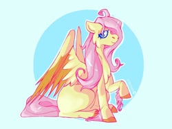 Size: 1024x768 | Tagged: safe, artist:stresssed_alien, fluttershy, pegasus, pony, g4, abstract background, colored hooves, eyelashes, female, mare, missing cutie mark, raised hoof, sitting, solo, two toned wings, wings