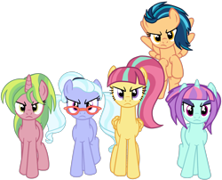 Size: 1998x1612 | Tagged: safe, artist:gmaplay, indigo zap, lemon zest, sour sweet, sugarcoat, sunny flare, earth pony, pegasus, pony, unicorn, equestria girls, g4, equestria girls ponified, female, ponified, shadow five, shadowbolts, simple background, transparent background