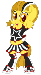 Size: 2000x3624 | Tagged: safe, artist:pirill, oc, oc only, oc:golden star, earth pony, pony, bipedal, bow, cheerleader, cheerleader outfit, clothes, heart, high res, looking at you, shoes, simple background, skirt, smiling, sneakers, solo, stars, stockings, stretching, thigh highs, transparent background