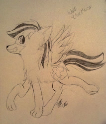 Size: 637x748 | Tagged: safe, artist:juliet-gwolf18, oc, oc only, wolf, wolf pony, chest fluff, grin, lineart, raised paw, signature, smiling, traditional art