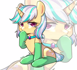 Size: 3673x3321 | Tagged: artist needed, safe, oc, oc only, oc:anna karenna, pony, unicorn, clothes, collar, cute, gem, high res, horn, simple background, sitting, socks, solo, thinking, unicorn oc, white background, zoom layer
