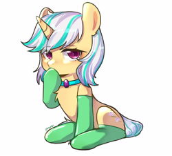 Size: 3673x3321 | Tagged: artist needed, safe, alternate version, oc, oc only, oc:anna karenna, pony, unicorn, clothes, collar, cute, gem, high res, horn, simple background, socks, solo, thinking, unicorn oc, white background