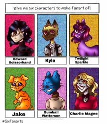Size: 720x836 | Tagged: safe, artist:wvensdow, twilight sparkle, cat, demon, dog, human, pony, unicorn, wolf, anthro, g4, adventure time, animal crossing, anthro with ponies, bowtie, charlie morningstar, clothes, crossover, edward scissorhands, female, gumball watterson, hazbin hotel, hellaverse, hellborn, jake the dog, kyle (animal crossing), male, mare, one eye closed, princess, princess of hell, six fanarts, that's entertainment, the amazing world of gumball, unicorn twilight, whiskers, wink