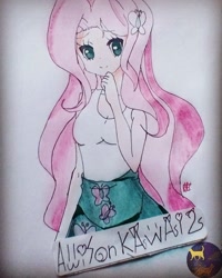 Size: 750x937 | Tagged: safe, artist:allisonkawai2, fluttershy, human, g4, breasts, busty fluttershy, cleavage, clothes, cute, female, hairclip, humanized, shyabetes, signature, skirt, solo, traditional art