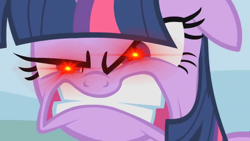 Size: 1280x720 | Tagged: safe, edit, edited screencap, screencap, twilight sparkle, pony, unicorn, feeling pinkie keen, g4, angry, ears back, furious, glowing eyes, glowing eyes meme, gritted teeth, looking at you, rage, ragelight sparkle, red eyes, solo