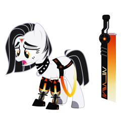Size: 2930x2608 | Tagged: safe, artist:keshi, oc, oc only, oc:razor thin, cyborg, earth pony, pony, cyber-questria, amputee, belt, collar, female, high res, mare, open mouth, prosthetic limb, prosthetics, simple background, solo, spiked collar, sword, weapon, white background