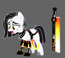 Size: 2930x2608 | Tagged: safe, alternate version, artist:keshi, oc, oc only, oc:razor thin, cyborg, earth pony, pony, cyber-questria, amputee, belt, collar, female, gray background, high res, mare, open mouth, prosthetic limb, prosthetics, simple background, solo, spiked collar, sword, weapon