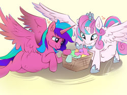 Size: 1400x1050 | Tagged: safe, artist:kumikoponylk, princess flurry heart, oc, oc:melody aurora, alicorn, pony, g4, adult, alicorn oc, baby clothes, basket, belly button, blushing, cousins, duo, duo female, female, happy, heart, horn, kicking, mama flurry, offspring, older, older flurry heart, parent:flash sentry, parent:twilight sparkle, parents:flashlight, pregnant, smiling, spread wings, wings