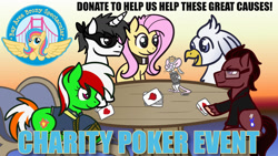 Size: 1280x721 | Tagged: safe, artist:redpalette, oc, oc:brawny buck, oc:invisibrony, oc:silver quill, babscon, card, charity, poker, table