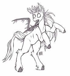 Size: 3632x3923 | Tagged: safe, artist:karamboll, pegasus, pony, commission, fangs, high res, long mane, long tongue, male, no iris, sharp teeth, sketch, solo, standing, teeth, tongue out