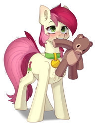 Size: 2192x2823 | Tagged: safe, artist:chibadeer, roseluck, earth pony, pony, behaving like a cat, behaving like a dog, chest fluff, collar, commissioner:doom9454, cute, cuteluck, female, fluffy, pet tag, pony pet, rosepet, solo, teddy bear