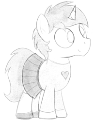 Size: 670x862 | Tagged: safe, artist:dtcx97, oc, oc only, oc:heroic armour, pony, unicorn, clothes, colt, crossdressing, head tilt, male, monochrome, shoes, skirt, smiling, socks, solo, sweater