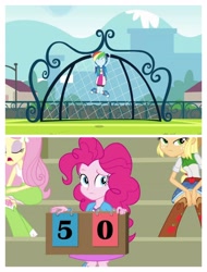 Size: 3106x4096 | Tagged: safe, screencap, applejack, fluttershy, pinkie pie, rainbow dash, equestria girls, g4, my little pony equestria girls, football, happy, scoreboard, sports