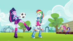 Size: 1280x720 | Tagged: safe, screencap, applejack, fluttershy, pinkie pie, rainbow dash, rarity, spike, twilight sparkle, dog, equestria girls, g4, my little pony equestria girls, football, humane five, humane six, spike the dog, sports