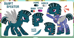 Size: 1200x623 | Tagged: safe, artist:jennieoo, oc, oc only, oc:swift specter, pegasus, pony, poker face, salute, show accurate, smiling, smug, solo, steel wings