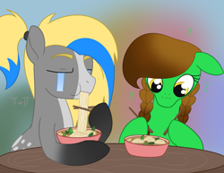 Size: 1259x974 | Tagged: safe, artist:dyonys, oc, oc:awyr, oc:ciel, oc:lucky brush, earth pony, pony, chopsticks, eating, female, food, freckles, from above, how, how do hooves work?, male, mare, pho, stallion