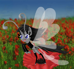Size: 453x422 | Tagged: artist needed, safe, oc, oc only, oc:black cross, breezie, pony, unicorn, antennae, boots, breeziefied, clothes, crucifix, edgy, flower, jacket, male, shoes, solo, species swap, stallion, transparent wings, wings