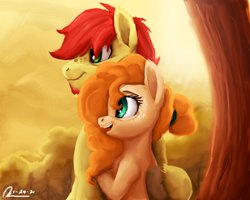 Size: 1280x1024 | Tagged: safe, artist:raphaeldavid, bright mac, pear butter, earth pony, pony, g4, duo, facial hair, female, goatee, male, ship:brightbutter, shipping, straight, tree